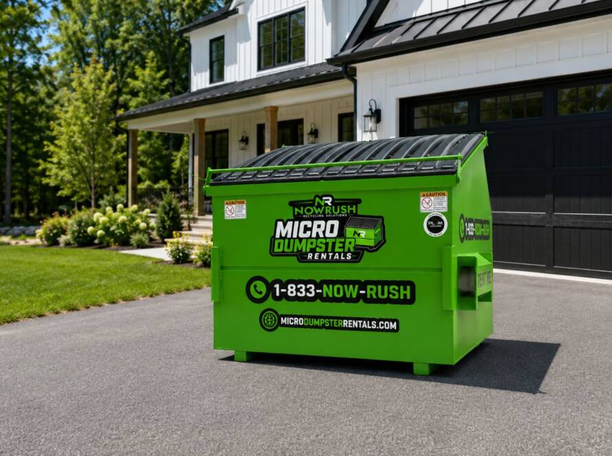 closeup of small dumpster 6 cubic yards in driveway of modern farmhouse